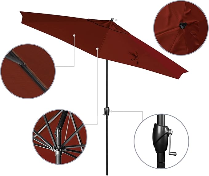California Umbrella 12-Year Protection 9' Rd Aluminum Patio Umbrella, Crank Lift, Auto Tilt, Black Finish, Sunbrella Terracotta