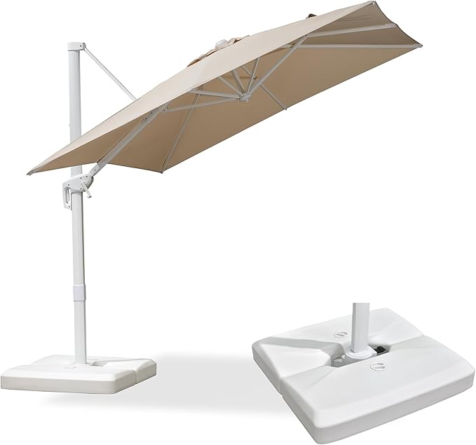 PURPLE LEAF 8 FT Patio Umbrella With Base White Cantilever Umbrella Square Outdoor Offset Umbrella Windproof with 360° Rotation for Garden Deck Pool, Beige