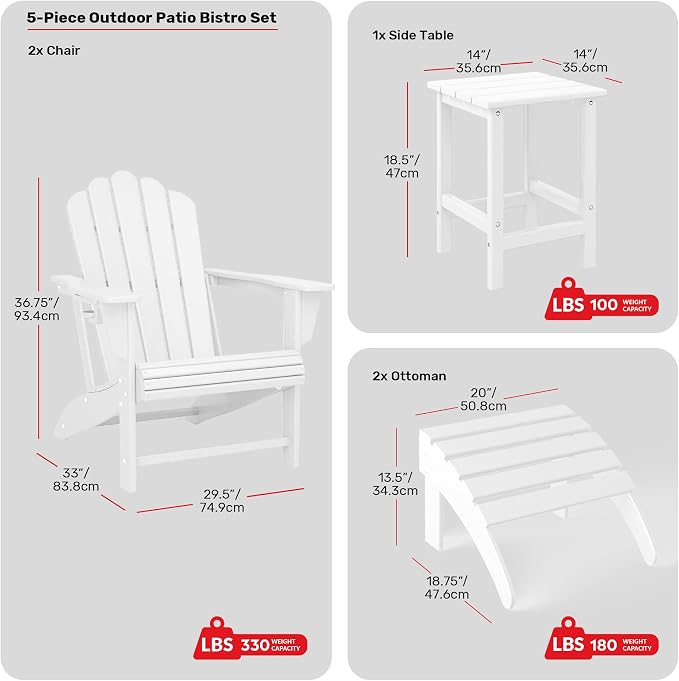 Costaelm Lakeview 5-Piece Adirondack Chair with Folding Ottoman and Table Set, White
