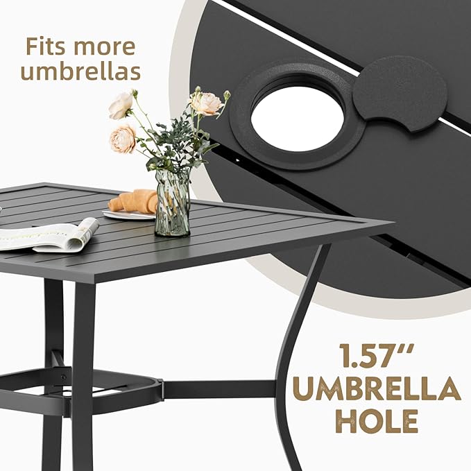 MELLCOM 5 Pieces Outdoor Dining Set, 4 Swivel Rocker Chairs with High Back Textilene & Square Metal Dining Table with Umbrella Hole, Patio Furniture Set for Porch, Garden, Backyard, Deck, Grey