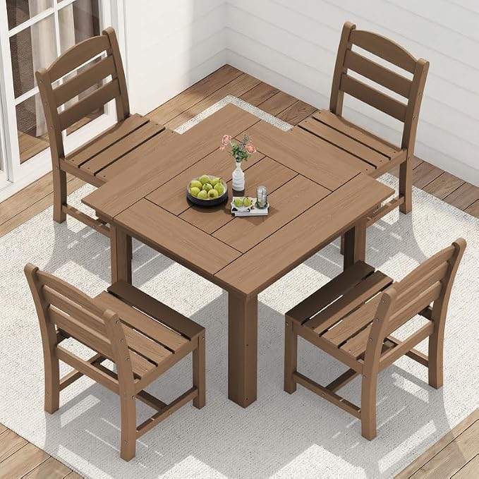 KINGYES 8-Piece HDPE Outdoor Dining Set for 6, Square Patio Table & Armless Chairs with Umbrella Hole, All-Weather Patio Dining Set for Backyard, Garden, Lawn & Poolside, Brown