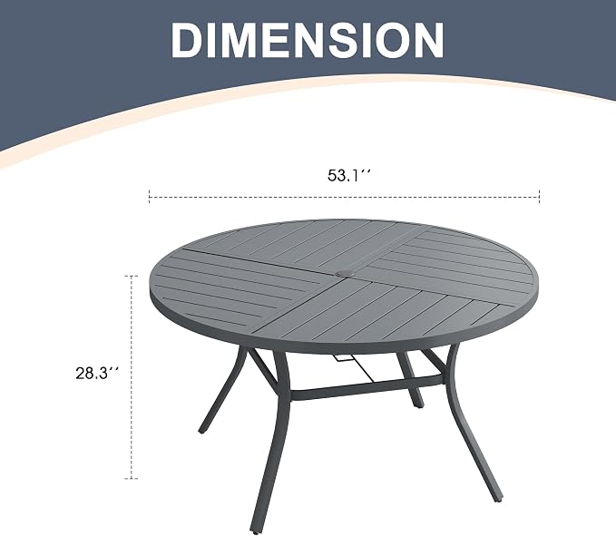 VICLLAX 53" Round Patio Dining Table for 6-8, All Weather Metal Outdoor Table with 1.57" Umbrella Hole and Surdy Frame for Garden Lawn Deck, Dark Grey