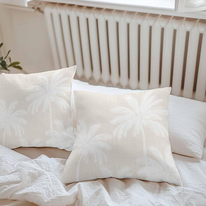 Outdoor Pillow Covers 26x26 Inch Set of 2, Cream Palm Trees Waterproof Throw Pillow Covers, Farmhouse Tropical Summer Beach Decorative Cushion Pillowcases for Couch, Sofa, Bed, Garden, Patio