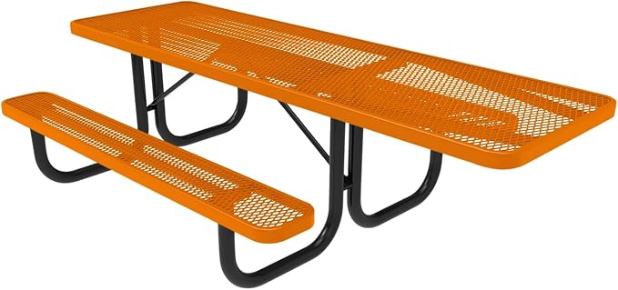 COATEDOUTDOORFURNITURE Heavy-Duty Portable ADA-Compliant Outdoor Picnic Table, Expanded Metal Patio Dining Furniture Made in America (8ft Rectangular, One-Side Handicap, Textured Orange)