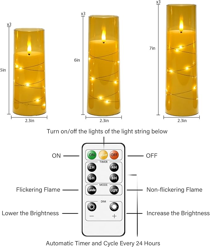 Nimiko Flickering Flameless LED Candles,Battery Operated Candles 9 Pcs with Embedded Star String,Acrylic LED Pillar Candles with Remote,Suitable for Home Decoration to Create an Atmosphere（Gold）