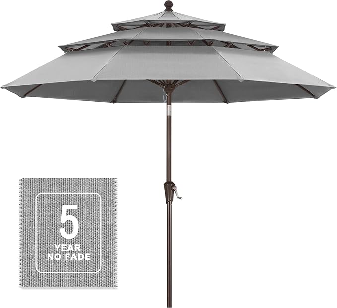 MASTERCANOPY 9ft 3-Tier Olefin Patio Umbrella with Tilt Crank, 5-Year-Non-Fading Canopy & 8 Fiberglass Ribs for Deck, Patio, and Garden, Light Grey