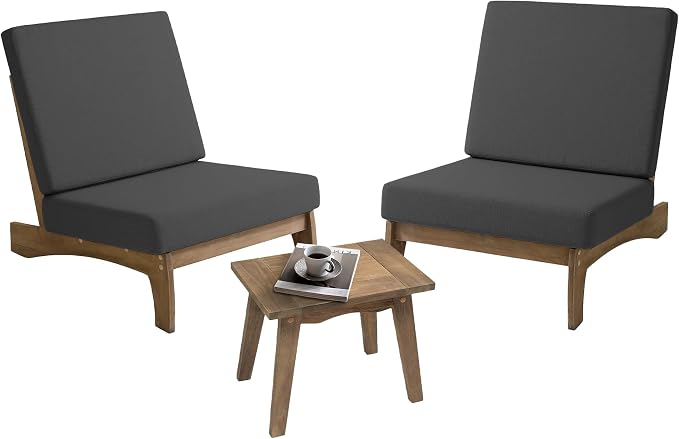 Pia Ricoo 3 Piece Patio Bistro Set with Patio Chairs and Table, Heavy Duty Wood Patio Furniture Set, All-Weather Outdoor Chairs for Balcony, Deck, Poolside, Porch - Drak Gray
