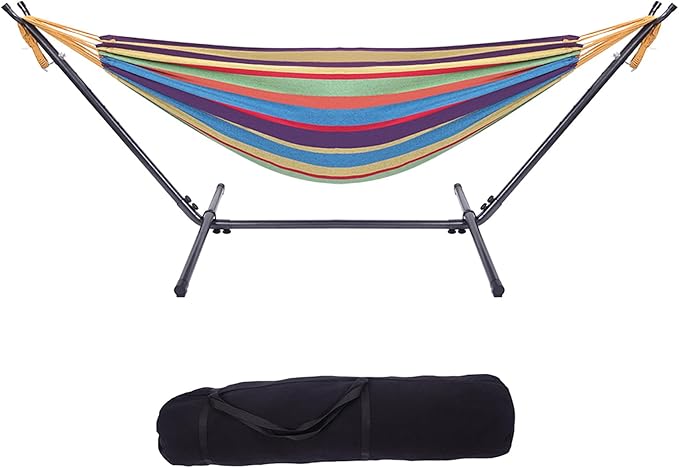 Outdoor Hammock with Stand, Space-Saving Mordern Hammock Swing, 250lbs Weight Capacity, Weatherproof Fabric & Metal, Quick Setup and Takedown, include Storage Bag, Hamaca Con Soporte, Colorful Stripes