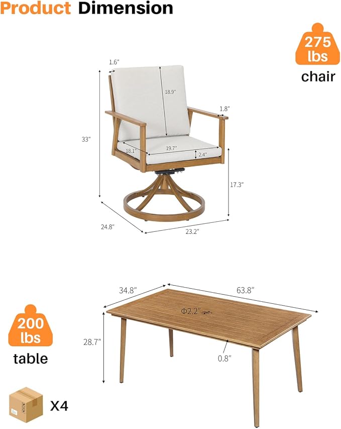 7 Pieces Patio Dining Set with 6 Swivel Chairs, Never-Rust Aluminum Outdoor Dining Set, Patio Swivel Dining Set with Thick Cushions, Outdoor Furniture Set for Deck, Garden, Yard, Teak