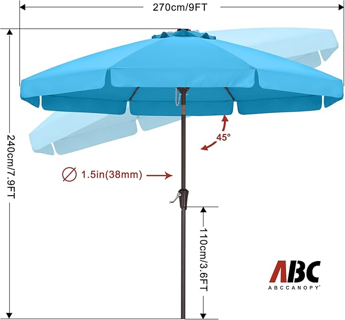 ABCCANOPY 9ft Scalloped Patio Umbrella, Outdoor Table Umbrella with Tilt and Crank, Fiberglass Ribs Deck Umbrella for Patio, Pool, Garden, Picnic (Aquamarine)