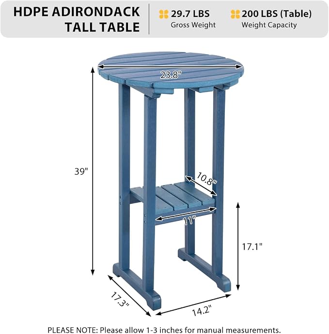 Sundale Outdoor 39 Inches Height Adirondack Bar Table, Patio HDPE Pub Height Round, All Weather High Top Bistro Desk for Outside Table Porch Balcony Poolside, Navy Blue