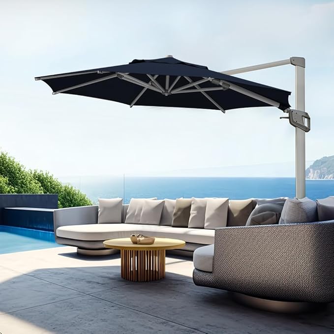 wikiwiki 12FT Cantilever Patio Umbrella, Offset Umbrella Outdoor Patio with 360° Rotation and Unlimited Tilting System, Heavy Duty Large Umbrella with Cross Base, Navy Blue