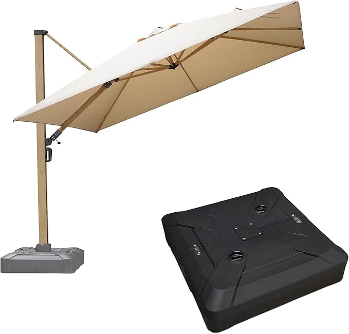 PURPLE LEAF 10FT Patio Umbrella With Base Square Cantilever Umbrella Teak Finished Aluminum Frame Large Windproof Offset Outdoor Sun Umbrellas for Beach Pool Deck, Beige