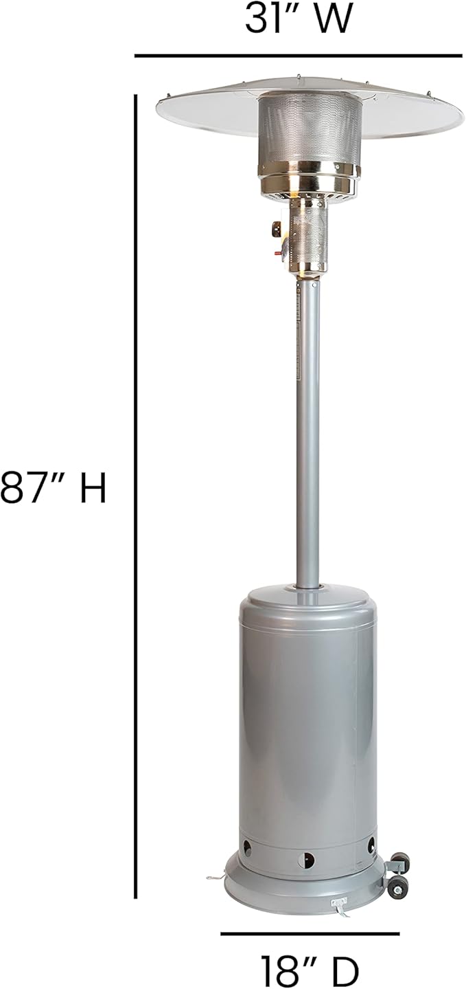 Flash Furniture Sol Patio Outdoor Heating-Silver Stainless Steel 40,000 BTU Propane Heater with Wheels for Commercial & Residential Use-7.5 Feet Tall