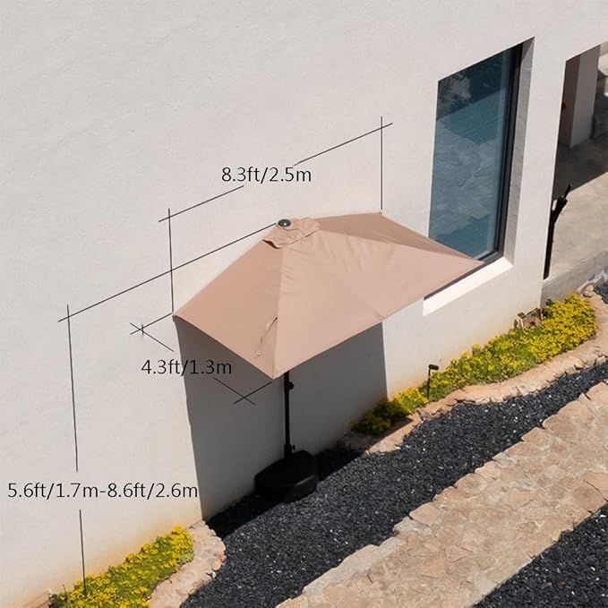 6.6Ft/8.3Ft Half Umbrella Outdoor Patio, Garden Umbrella with Easy Crank Lift Offset Patio Umbrella 5 Sturdy Ribs For Balcony, Deck, Backyard Garden,Courtyard Swimming Khaki 6.6ft/2m