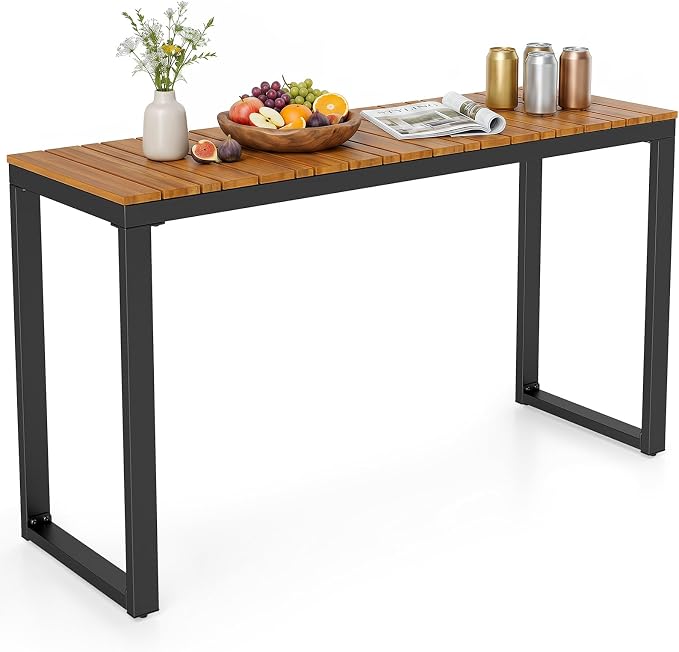 Tangkula Outdoor Console Table, Narrow Patio Dining Table with Acacia Wood Top & Metal Frame, Buffet Table for Small Space, Plant Stand for Deck Poolside Garden Entryway Porch, Natural