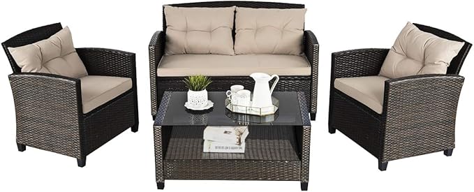 Tangkula 4-Piece Outdoor Rattan Furniture Set, PE Rattan Wicker Sectional Sofa with Loveseat Chair & Glass Table, Patio Cushioned Conversation Sets for Backyard Porch Garden Poolside (1, Brown)