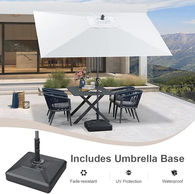 PURPLE LEAF 10' x 6.5' Rectangle Patio Market Umbrella with Base Outdoor Table Umbrellas Aluminum Frame Sun Shade with 8 Sturdy Ribs Tilt for Garden Deck Lawn Pool White