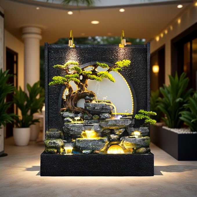 60" LED Outdoor Cement Fountain with Mist, Rock Waterfall & 50 Crystals – Zen Decor for Patio, Garden, Balcony or Housewarming (C)