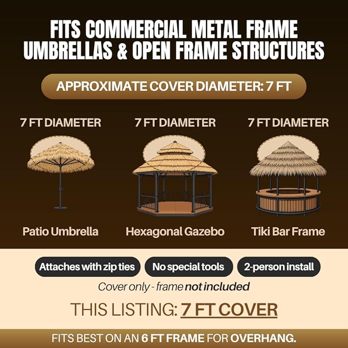 amaZulu Tiki Thatch Umbrella Cover 7ft – Hand-Woven Mexican Palm Leaf, Natural Tiki Bar & Patio Shade Cap, Fits Standard Commercial Grade Metal Frame Umbrellas, Lasts 2–5 Years in Dry Climates