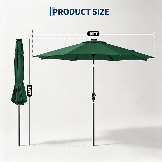 Garvee 10FT Patio Umbrella with 32 Solar LED Lights, Outdoor Table Market Umbrella with Tilt and Crank, 8 Sturdy Iron Ribs Sun Shade for Garden, Deck, Backyard and Pool, Dark Green
