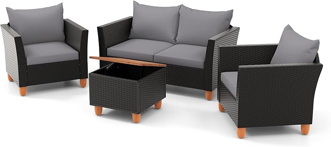 Tangkula 4 Piece Outdoor Conversation Set, Patio Cushioned Chairs w/Storage Coffee Table, Acacia Wood Tabletop & Chair Legs, Patio Wicker Furniture Set for Poolside, Lawn, Porch (1, Gray)