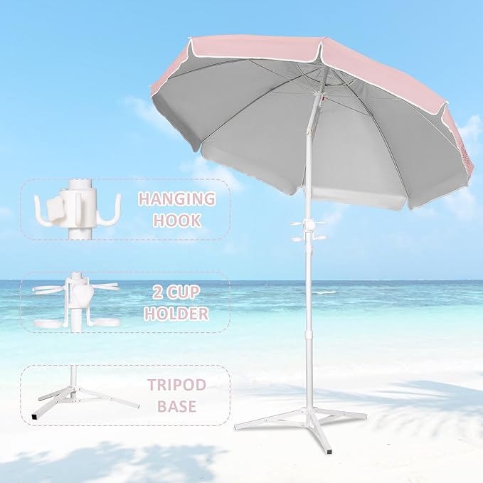 6.5ft Portable Beach Umbrellas for Sand Beach UV 50+ Umbrella with Tilt & Steel Pole, Protection with Heavy Duty Anchor, Patio Umbrella with Carry Bag