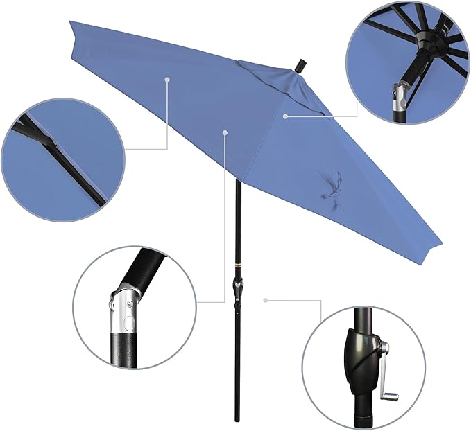 California Umbrella 9' Round Aluminum Market Umbrella, Crank Lift, Push Button Tilt, Black Pole, Pacifica