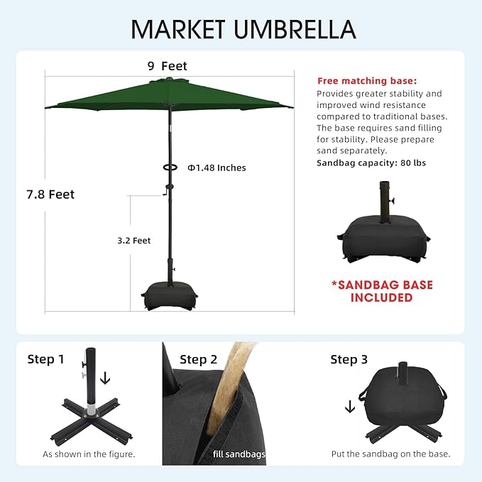 wikiwiki 9FT Patio Umbrella with Base, Outdoor Umbrellas with Base Included, 8 Sturdy Ribs, Waterproof Fade Resistant POLYESTER DTY Canopy for Deck, Lawn, Garden, Backyard & Pool, Dark Green