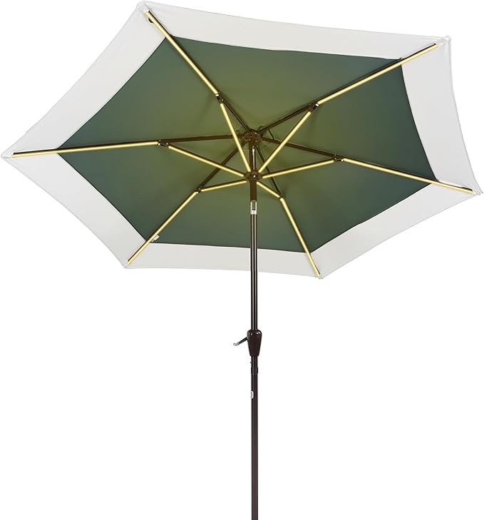 JONATHAN Y Spencer 9 ft. Solar Powered LED Patio Umbrella with Crank and Tilt, Hexagon Outdoor Market Sunshade for Garden, Deck and Pool, Green/White, Dark Brown Pole UMB1100E