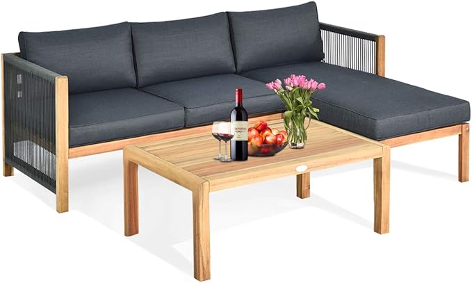 Tangkula L Shape Outdoor Furniture Set, 3 Piece Acacia Wood Patio Conversation Set, with 2 loveseats and Coffee Table, Garden Backyard Poolside Patio Seating Set