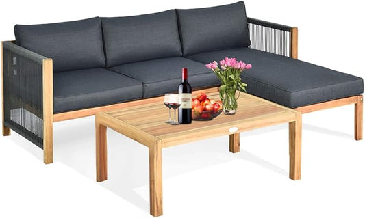 Tangkula L Shape Outdoor Furniture Set, 3 Piece Acacia Wood Patio Conversation Set, with 2 loveseats and Coffee Table, Garden Backyard Poolside Patio Seating Set