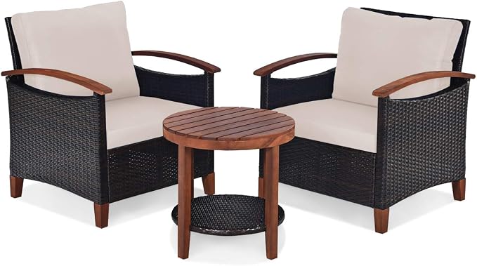COSTWAY 3PCS Patio Rattan Furniture Set, Outdoor Solid Wood Frame Cushion Sofa with Round Table for Garden Porch Backyard Poolside (Beige)