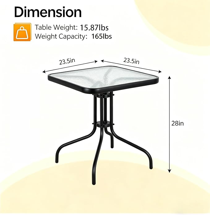 Outdoor Square Glass Patio Table, Tempered Glass Top Bistro Table with Rust-Resistant Metal Frame, Small Coffee Table for Balcony, Garden, Patio