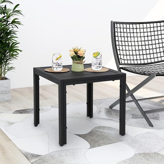 ABBLE Outdoor End Table, Patio Steel Slat Square Side Table, Small End Table for Bedroom, Living Room, Office, Café, Garden, Poolside, Backyard - Black