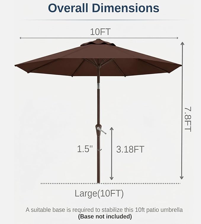 10FT Patio Umbrella, Outdoor Umbrella with Push Button Tilt and Crank, 8 Sturdy Ribs, UV Protection & Waterproof Market Umbrella for Pool, Backyard, Beach,Deck (Brown)
