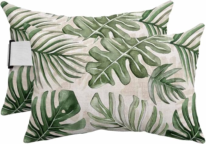 Pack of 2 Outdoor Lumbar Pillow Covers 11x16 Inch, Green Monstera Deliciosa Waterproof Throw Pillow Covers Set, Summer Botanical Tropical Vintage Decorative Cushion Cases for Patio Porch Car