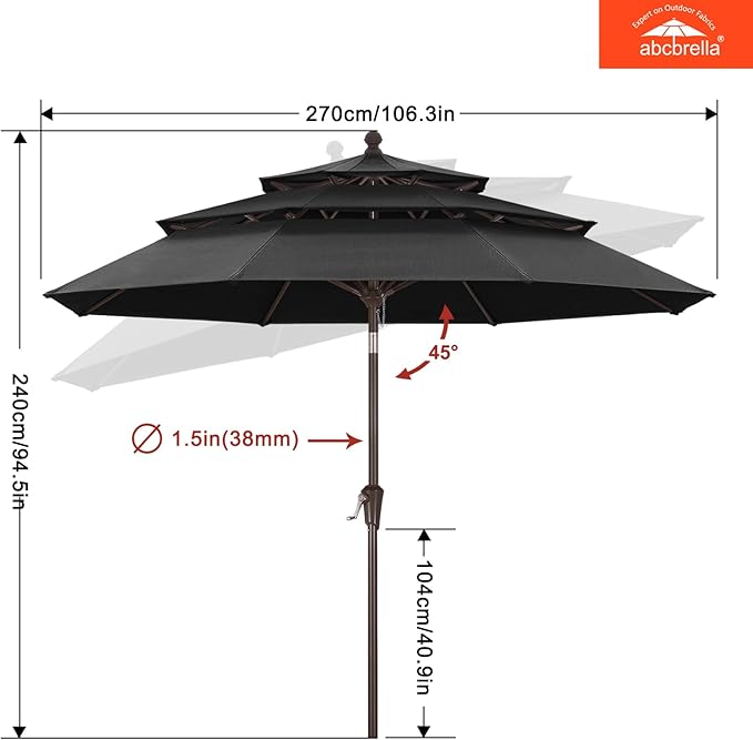 ABCCANOPY 5-Year 10-Year No Fading 9FT 3 Tiers Patio Umbrella, Outdoor Table Umbrella with 8 Sturdy Ribs for Deck, Backyard, Garden, Yard