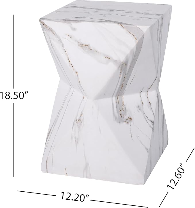 Outdoor Side Table Faux Marble Square Side Table Hourglass End Tables Small Coffee Tables for Patio Garden Stool for Porch, Backyard Balcony,12.2",Weather Resistant, White & Grey