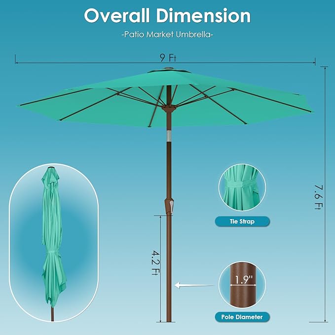 GREENVINES 9-FT-Patio-Umbrella | 8 Sturdy Fiberglass Ribs | Outdoor-Table-Umbrellas | Push Button Tilt & Crank | Waterproof | Market Umbrella | for Deck Backyard Pool Garden | Aqua