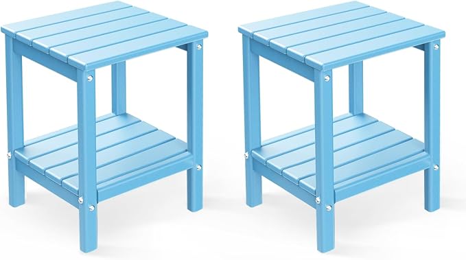 BRIOPAWS Outdoor-Side-Tables | Set of 2 | Small | HDPE Plastic | Patio End-Table | 2-Shelf Adirondack Outside Tables | All Weather | for Poolside Front Porch Indoor Living Room | 14" x 13" | Arctic