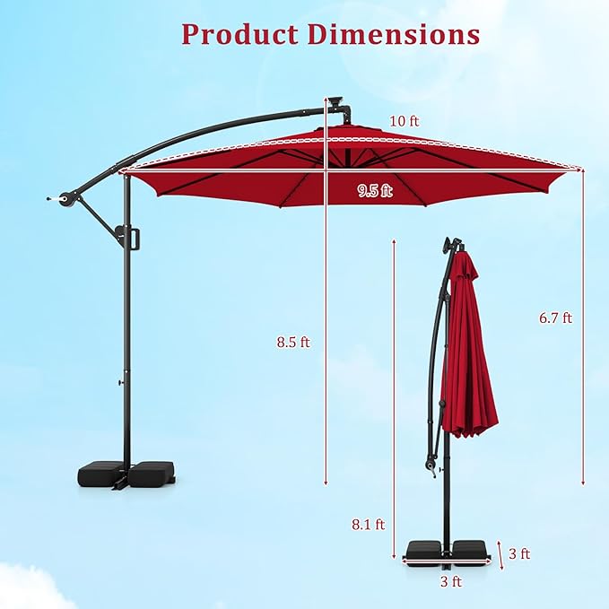 HAPPYGRILL 10 FT Offset Hanging Umbrella with Multi-Colored Flowing LED Lights, 9 Light Modes, Outdoor Patio Cantilever Umbrella with Base, Easy Tilt, 360° Rotation, Crank