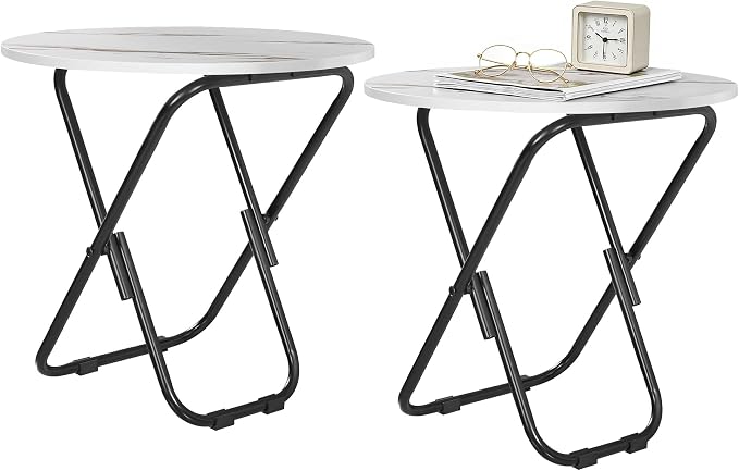 VECELO 17.7" Small Folding Table Set of 2,Round Patio Outdoor Side Table, Foldable Wooden Table with Weather Resistant Steel Frame, Patio Table for Camping Picnic Garden Small Space