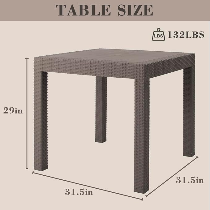 DIMAR GARDEN Patio Dinning Table, Outdoor Resin 31.5" Square Table with Umbrella Hole, Flax Gray