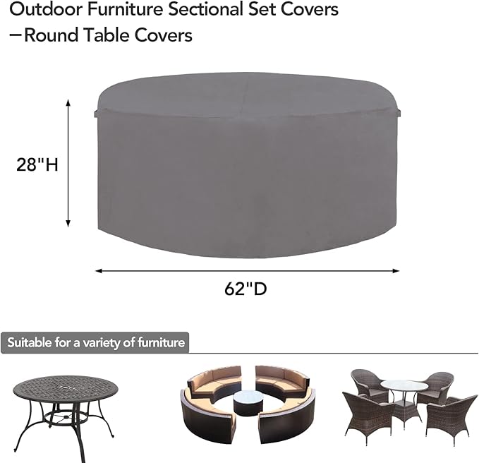 Easy-Going 600D Heavy Duty Round Patio Furniture Cover, Outdoor Table and Chair Set, Waterproof Sectional Cover (62"DIAx 28"H, Grey)
