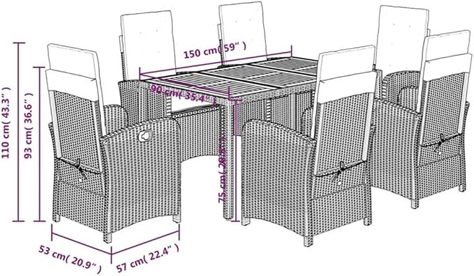 BOWERY HILL Contemporary 7-Piece Rattan Garden Dining Set, Gray Finish, PE Rattan and Steel, Adjustable Reclining Chairs with Cushions, Weather-Resistant, Outdoor Patio or Conservatory Dining Set
