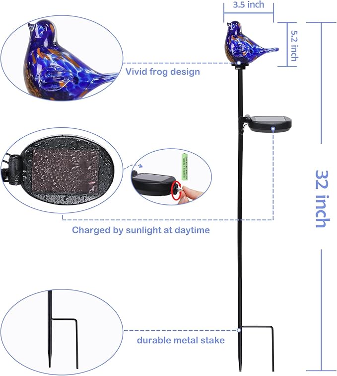 Afirst Decorative Solar Lights Outdoor Solar Bluebird Stake Lights Hand Blown Glass Decorative Garden Pathway Lights Outdoor Waterproof Glass Stakes Dark Blue