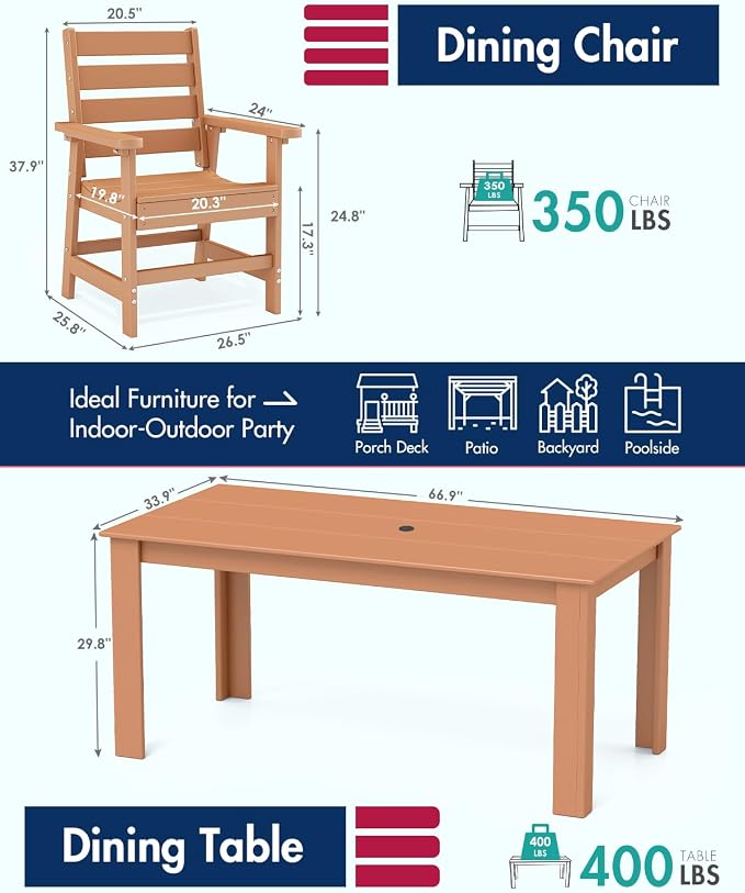 BRIOPAWS Outdoor-Dining-Set | 7 Piece | HDPE | 67" Patio Table and Chairs Sets for 6 | Patio Dinner Furniture | All Weather | Umbrella Hole | for Poolside Deck Backyard Outdoors | Teak