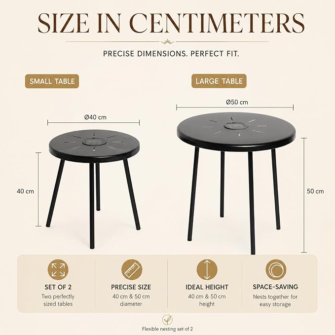 HRVEOCEI Black Round Nesting Coffee Table Set of 2, 2 PCS Small Outdoor Nesting Tables with LED Light for Living Room, Metal Side Table Set for Balcony Patio (50 Inch + LED)