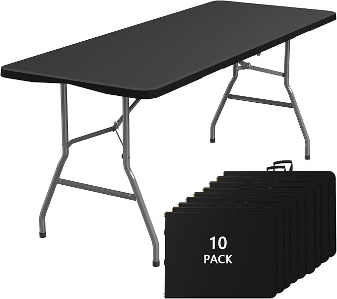 10PK Black Folding Table, 6FT Portable Plastic Folding Table, Foldable Dining Tables with Carrying Handle for Party, Picnic, Camping, Easy to Fold and Storage, for Indoor or Outdoor Use